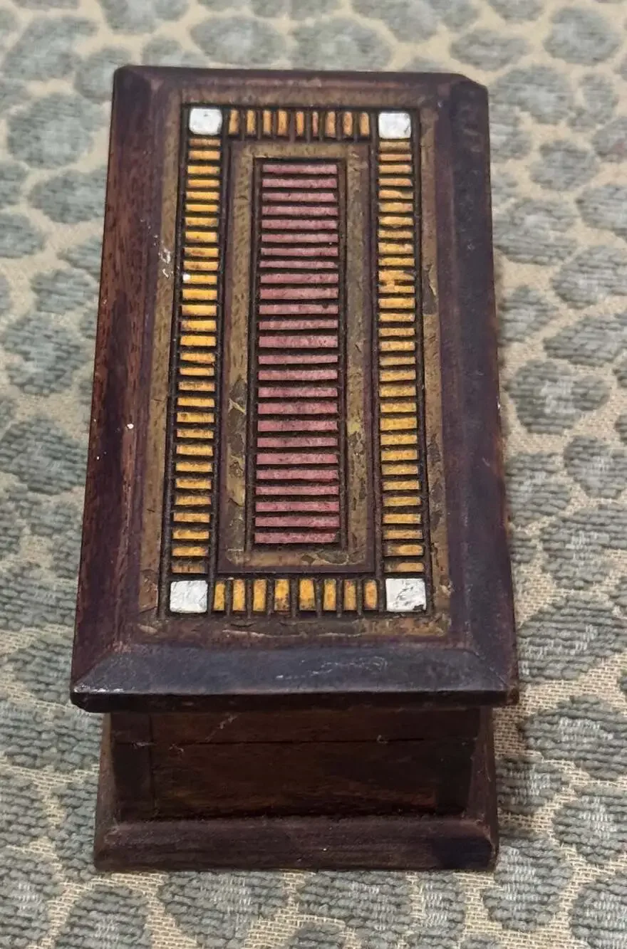 VTG Hand-Inlaid Marquetry Wood Trinket Jewelry Box w/Geometric Mosaic Patterns